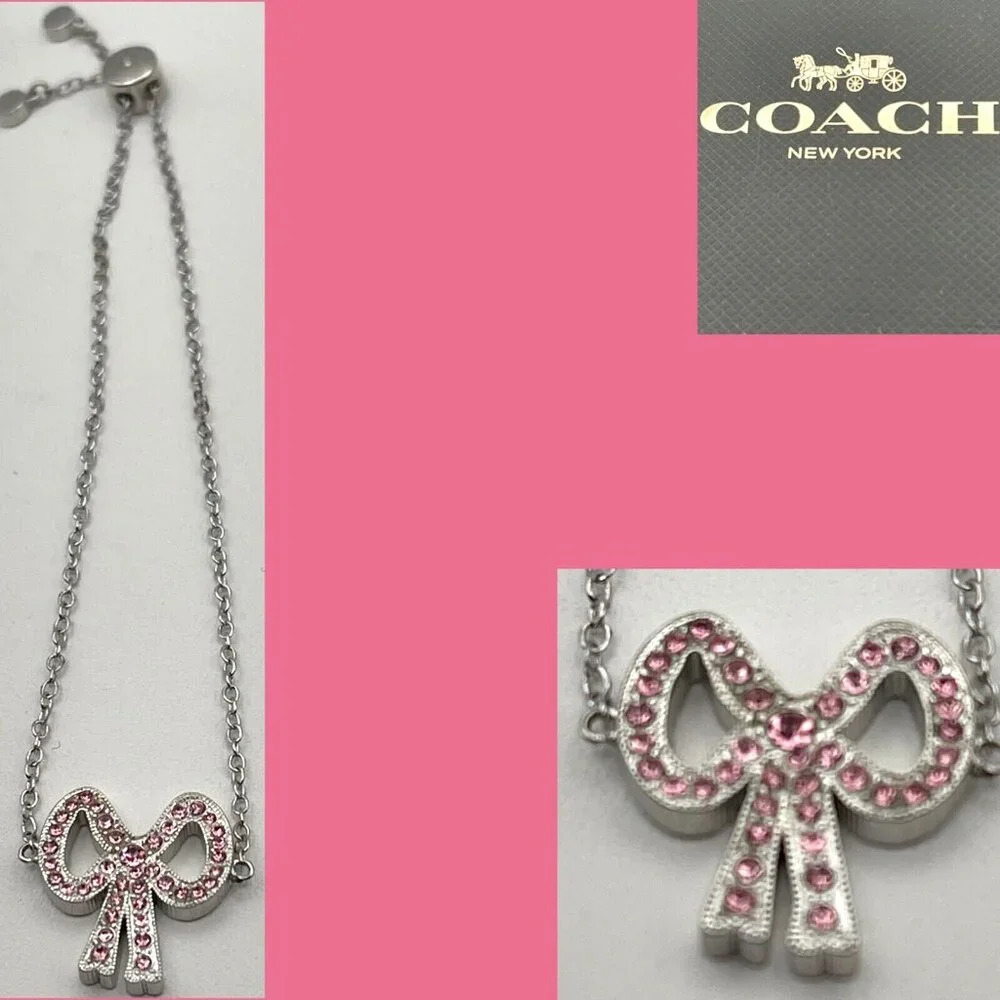 Coach Pink Pave Crystal Bow Pendant Silver-Tone Logo Adjustable Slider Bracelet